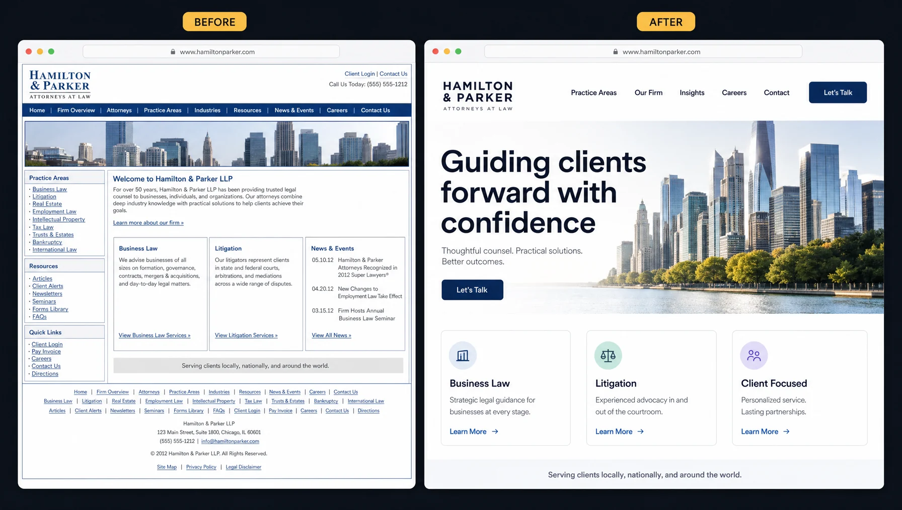Two browser windows side by side: a dated law-firm website with a cramped nine-link navigation, link-list sidebar and dense small type, labelled Before, and the same firm redesigned with a large headline, full-width hero and three spaced feature cards, labelled After.