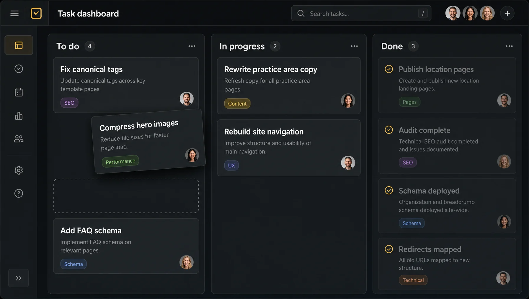 A task board with To do, In progress and Done columns holding SEO tasks such as fixing canonical tags, rewriting practice area copy and adding FAQ schema, with one card caught mid-drag between columns.